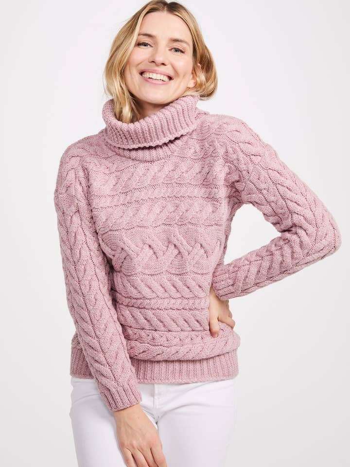 Derreen Aran Vandret Kabelstriktrøje - Pink for engroshandel hos Aran Woollen Mills