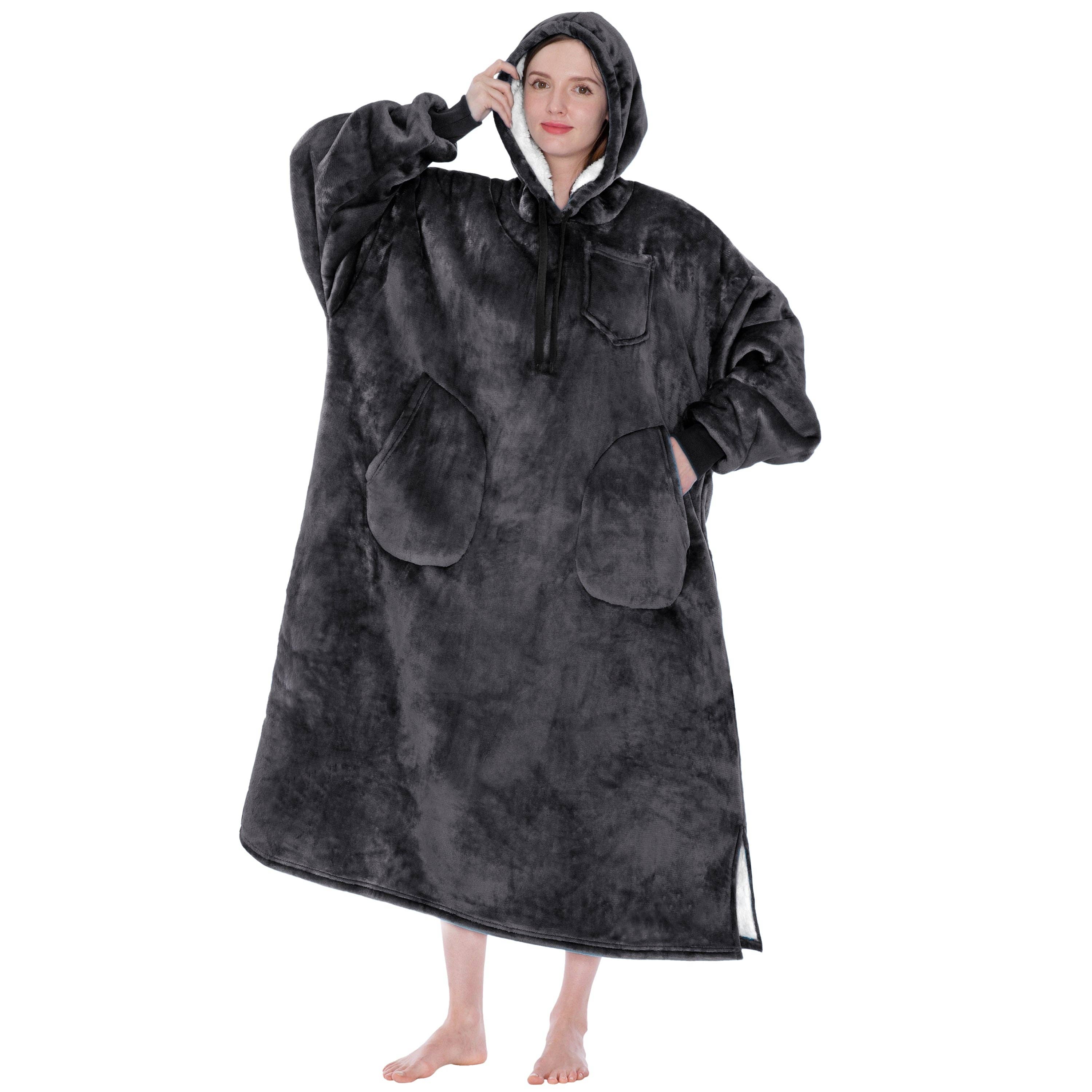 Pavilia - Wholesale Hoodie - Women's - Chest Pocket Sherpa Hoodie Blanket - Patch Pocket (Regular / Long)117