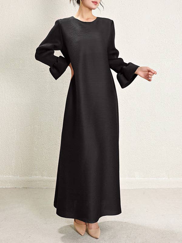 Sheer Trend - Wholesale Dress - Women's - A-Line Loose Pleated Solid Color Round-Neck Maxi Dresses11