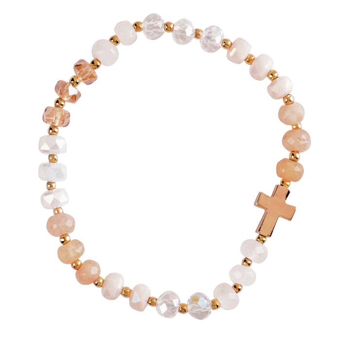 Stretch Bracelet Ecru Gemstone/Cross for wholesale by Dicksons