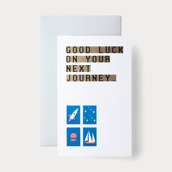 Type Tape Series: GOOD LUCK ON YOUR NEXT JOURNEY | Riso Card for wholesale by Nandaka