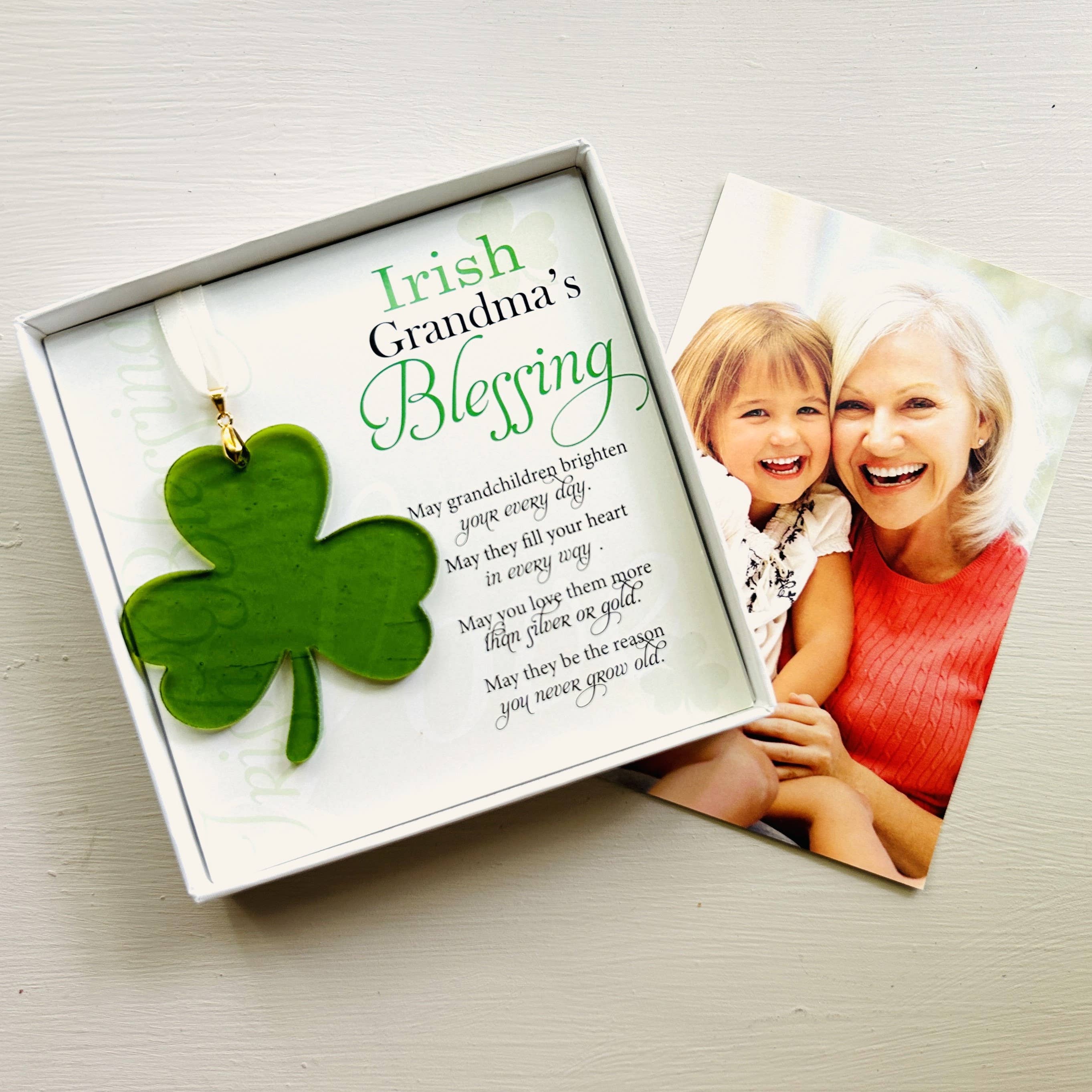 The Grandparent Gift Co. Inc. - Wholesale Ornament - Irish Grandma Gift Blessing Card & USA Glass Shamrock 78123
