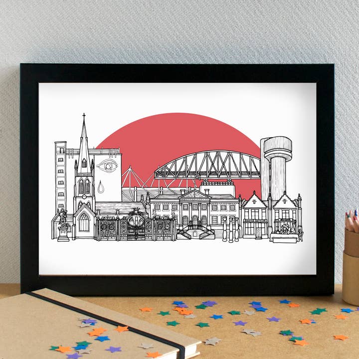 Warrington Skyline Landmarks Art Print - unframed for wholesale by Becka Griffin Illustration