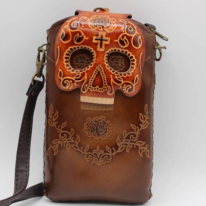 Sunflower Handmade leather inc - Wholesale Phone wallet – women's - Handmade leather cell phone holder sugar skull day of dead5