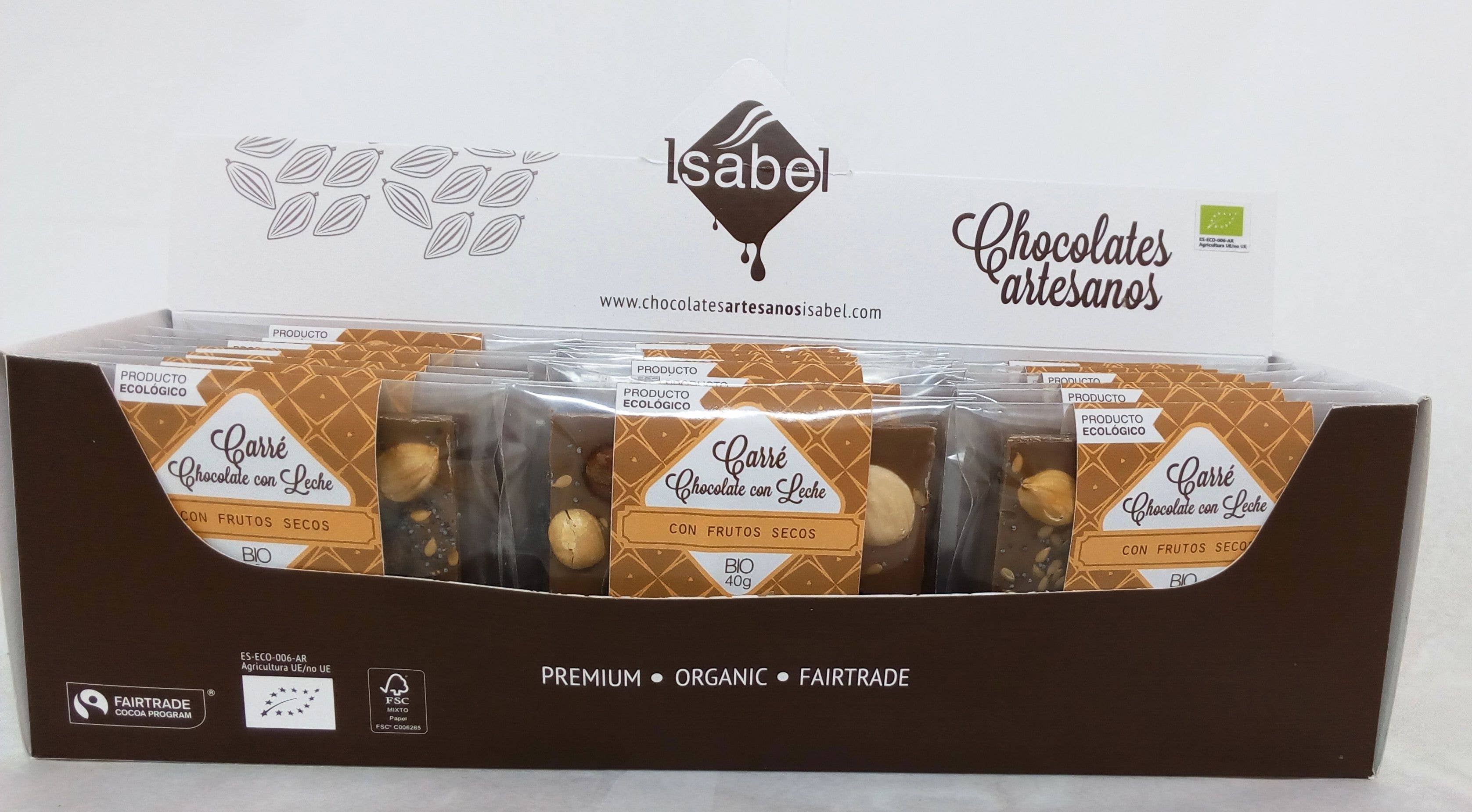 CHOCOLATES ARTESANOS ISABEL - Wholesale Chocolate - CARRÉ BIO Milk Chocolate with Nuts, 30 units.0