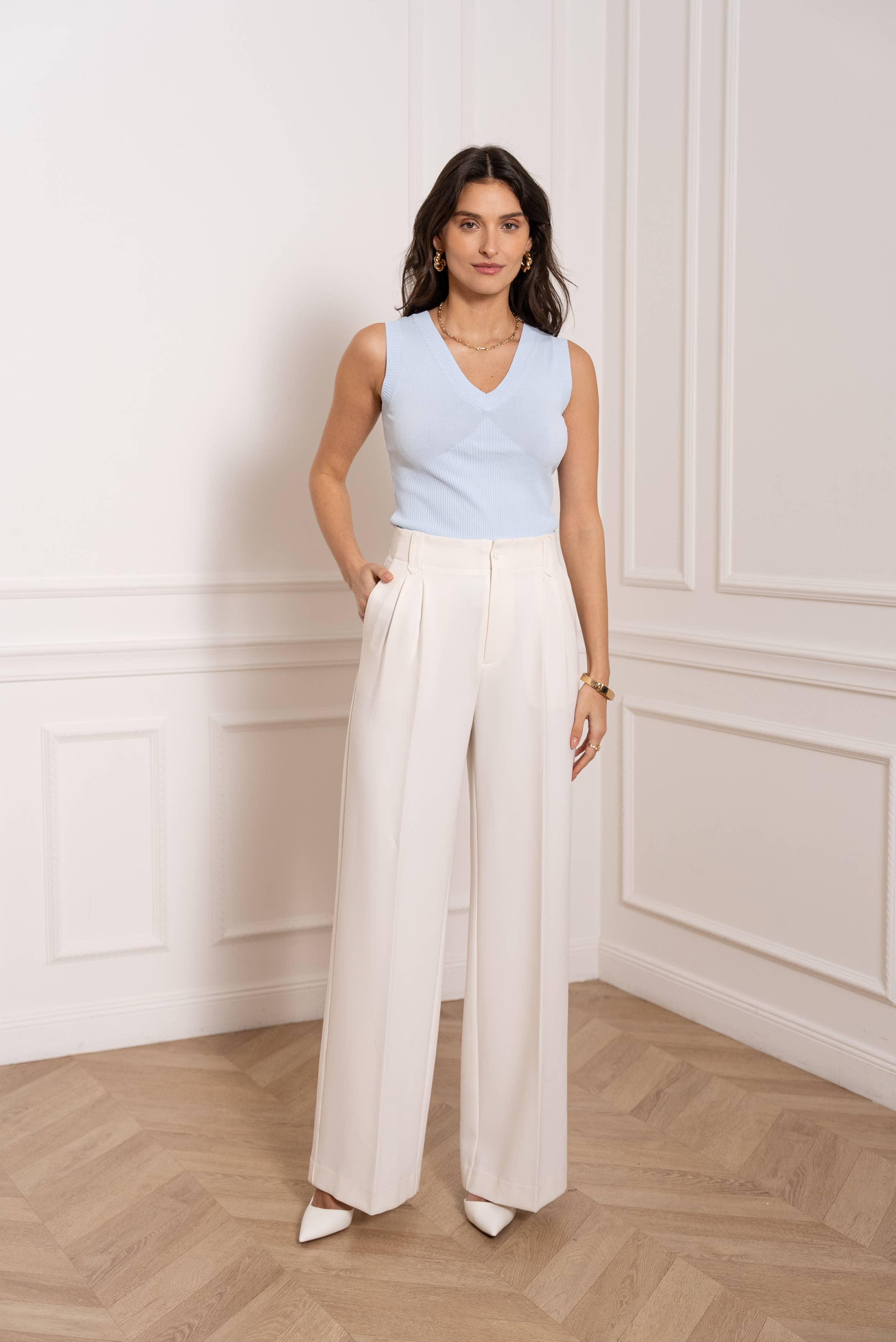 Attentif Paris – Calças de fato – Mulher por atacado – [Aura] Calças largas de corte fluido de cintura alta com pregas38