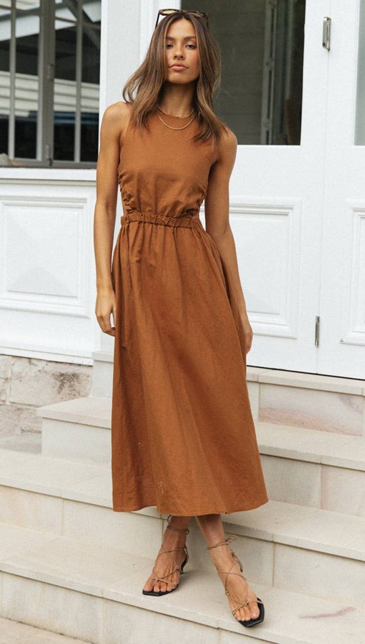 Brown Ladies Elastic Strape Back Sleeveless Midi Dress 993 for wholesale on Faire0