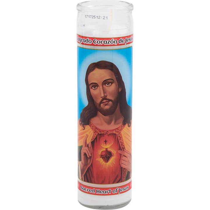 Sagrado Corazon White 8" Candle for wholesale by Cow Crack Wholesale