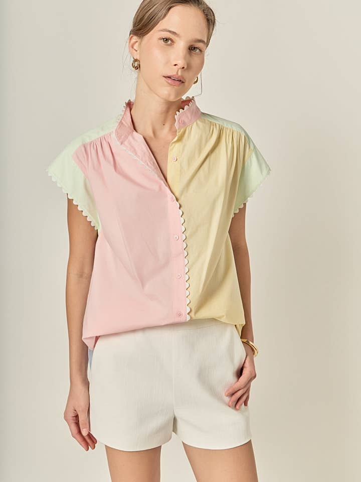 Chemise à manches courtes en colorblock avec bordure en croquet pour la vente par English Factory