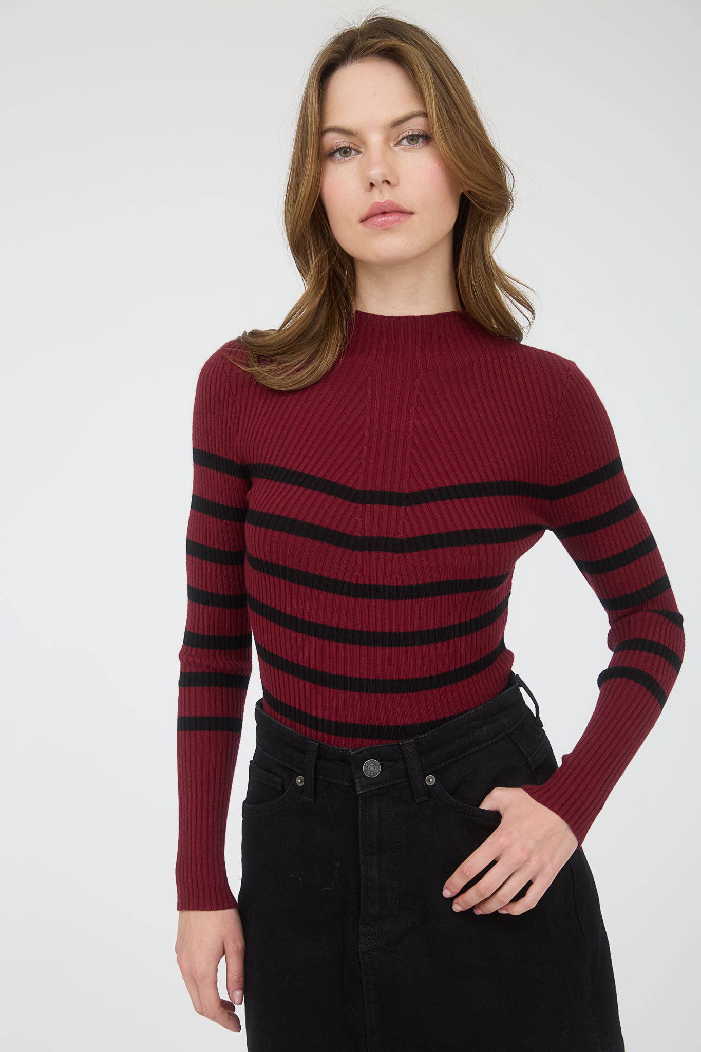 The Workshop Studio - Wholesale Knit Sweater - Women's - MOCK NECK STRIPE LONG SLEEVE SWEATER KNIT PULLOVER10