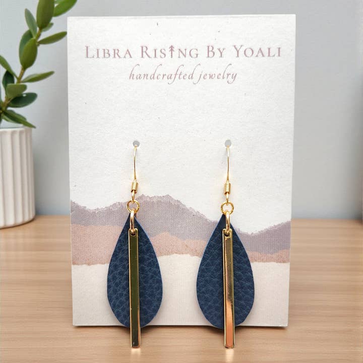 Teardrop Dangle Earrings in Mykonos Blue Leather for wholesale by Libra Ris↟ng By Yoali