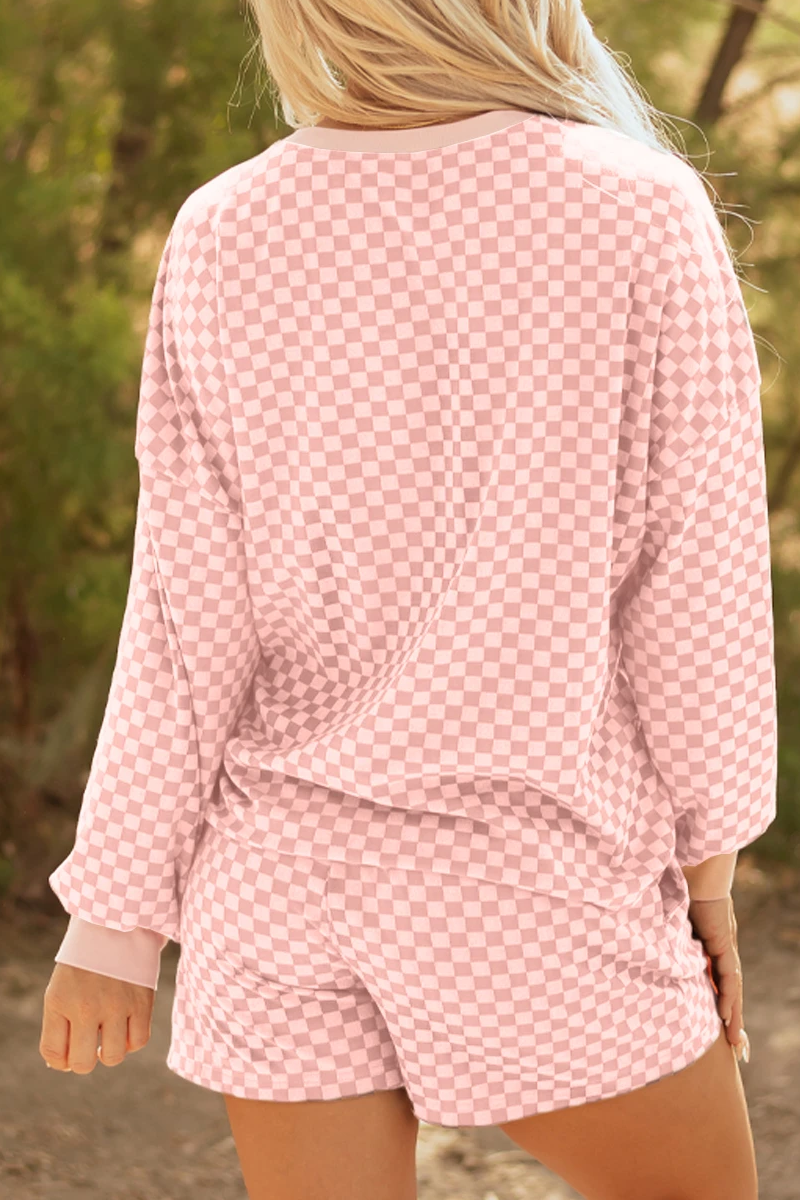 FULL TIME PURCHASE - Wholesale Lounge Set - Women's - Checkerboard Long Sleeve Pullover and Shorts Set8