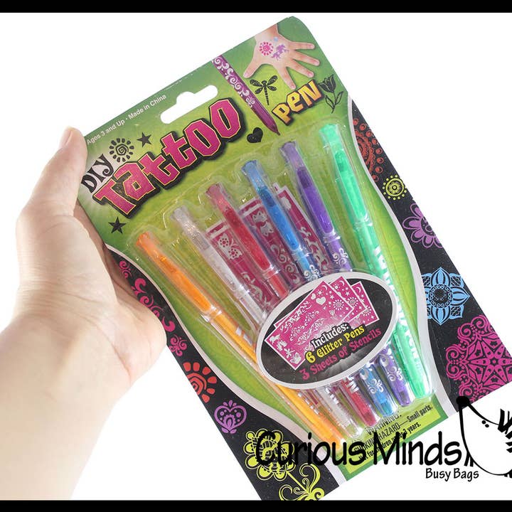 Paquete de 6 bolígrafos de gel para tatuajes, divertidos tatuajes falsos con plantillas, para venta al por mayor de Curious Minds Toys