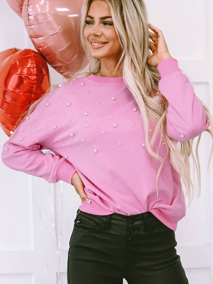 Pink Lilah Pearl Detail Ribbed Crew Neck Sweatshirt for wholesale on Faire4