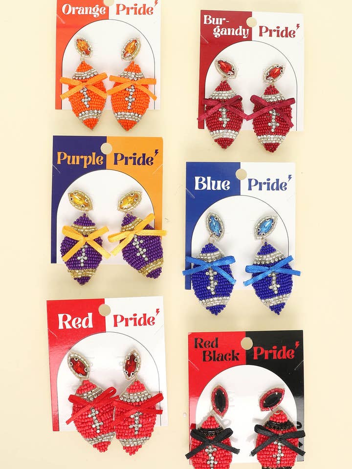 Gameday Football with Bow Crystal Beaded Dangle Earrings for wholesale by SP Sophia Collection