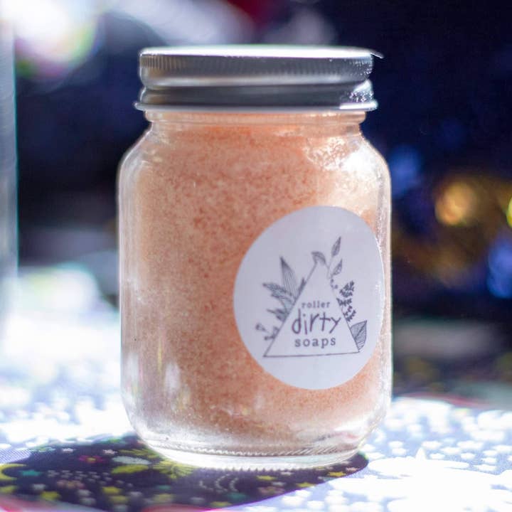 Bath Salts | Plastic Free | All Natural | Cruelty Free | Vegandead Sea Salt Scented With Pink Sugar In A Small Glass Mason Jar With Lid for wholesale by Roller Dirty Soaps