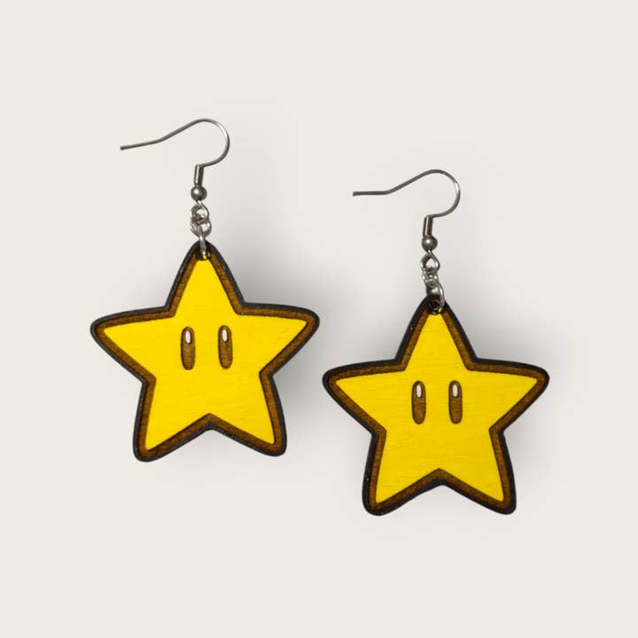 Mario Brothers Super Star Hand Painted Wood Dangle Earrings for wholesale by Moon Child Trinkets