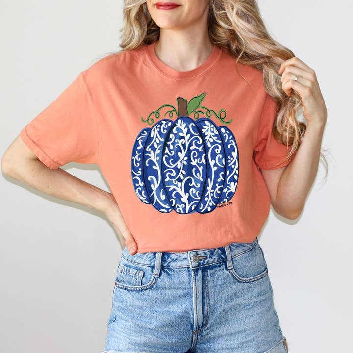 Blue Chinoiserie Pumpkin T-Shirt - Minimum 6 for wholesale by Baxter & Me