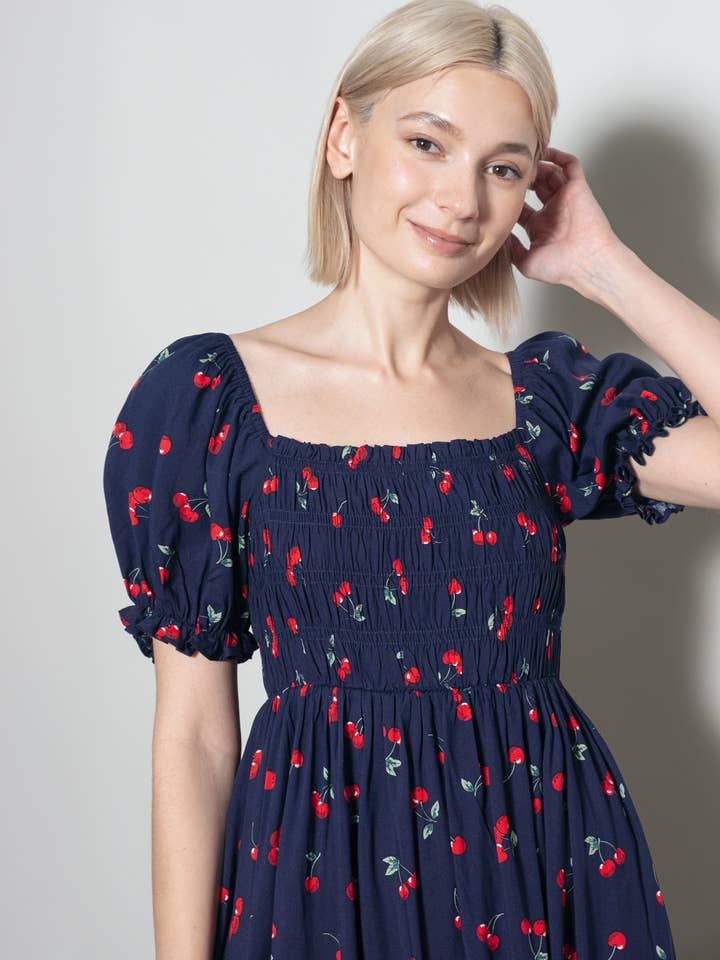 Elloh Collection - Wholesale Dress - Women's - Puff Sleeve Square Neck Cherry Print Dress with Pockets1