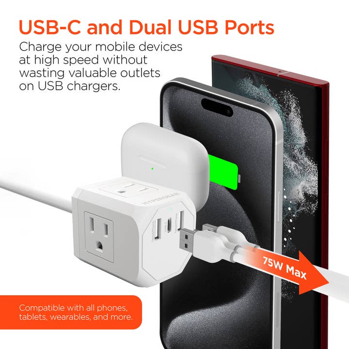JupiterGear Home - Venta al por mayor Adaptador de corriente - Cable alargador con regleta multi-puerto HyperGear Cube