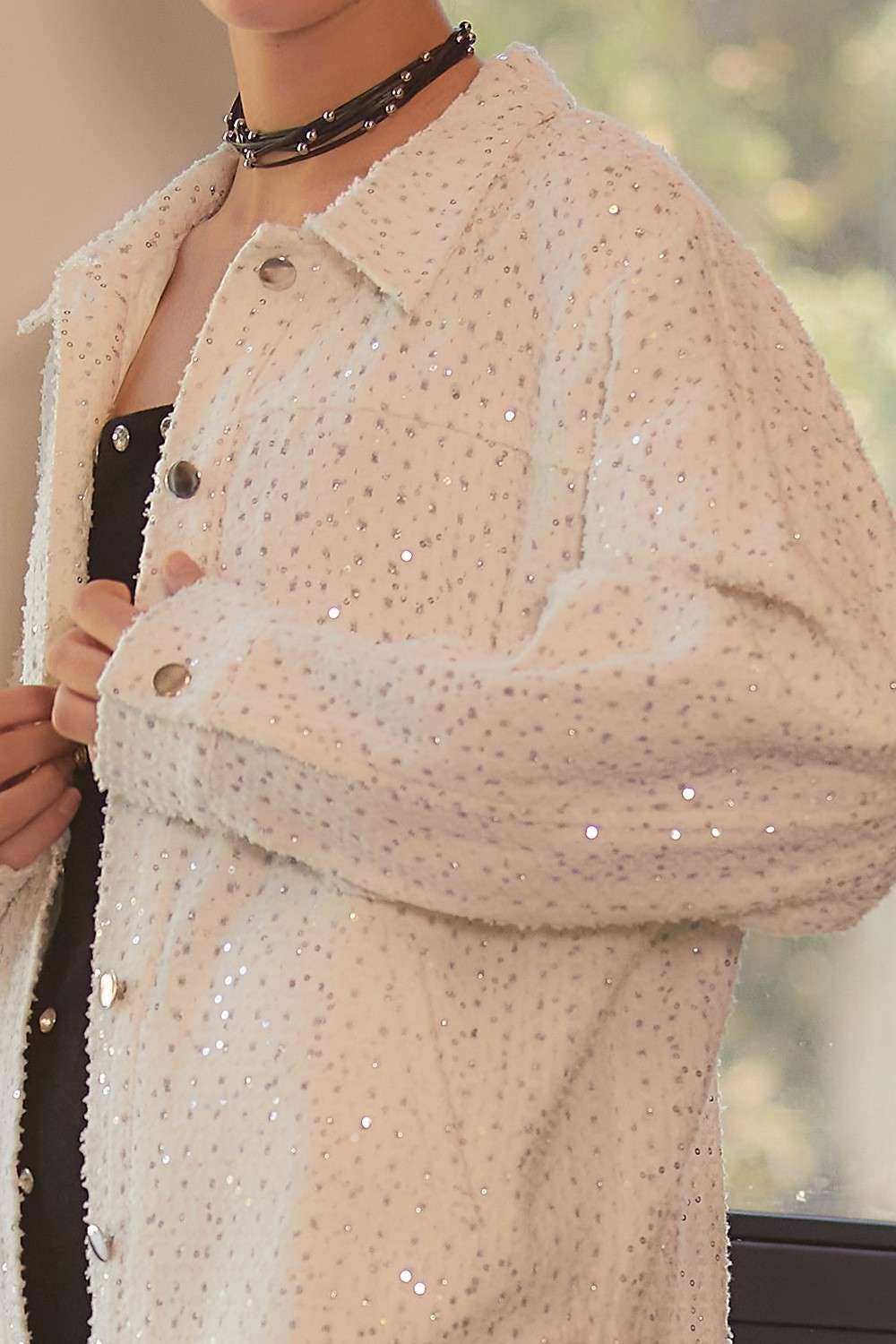 WHITE Sequin Glitter Oversize Denim Shacket for wholesale on Faire2