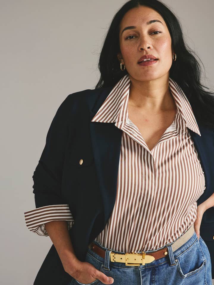 Elbe Stretch Poplin Shirt Classic Fit - Allspice/White Stripe for wholesale by Universal Standard