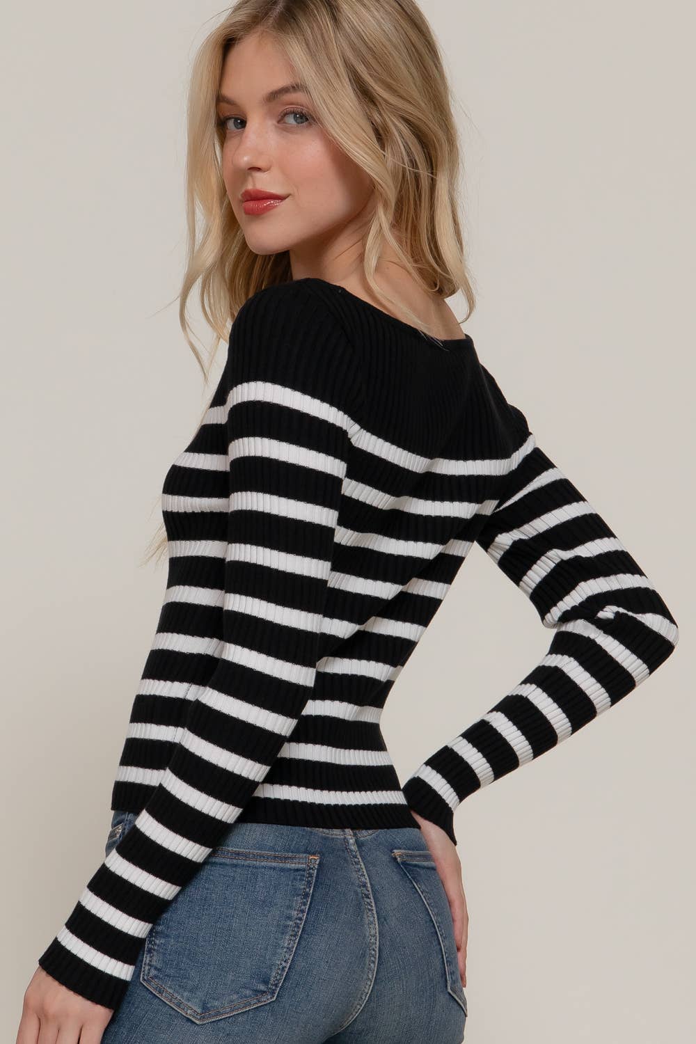 Active Basic | Active USA - Wholesale Knit Sweater - Women's - Long Sleeve Boat Neck Stripe Sweater5