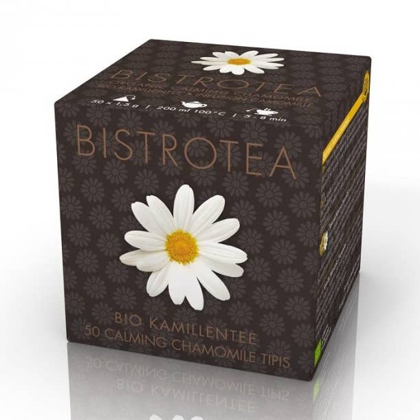 Doos van 50 biologische kamille kalmerende infusie theezakjes voor wholesale door Bistrotea