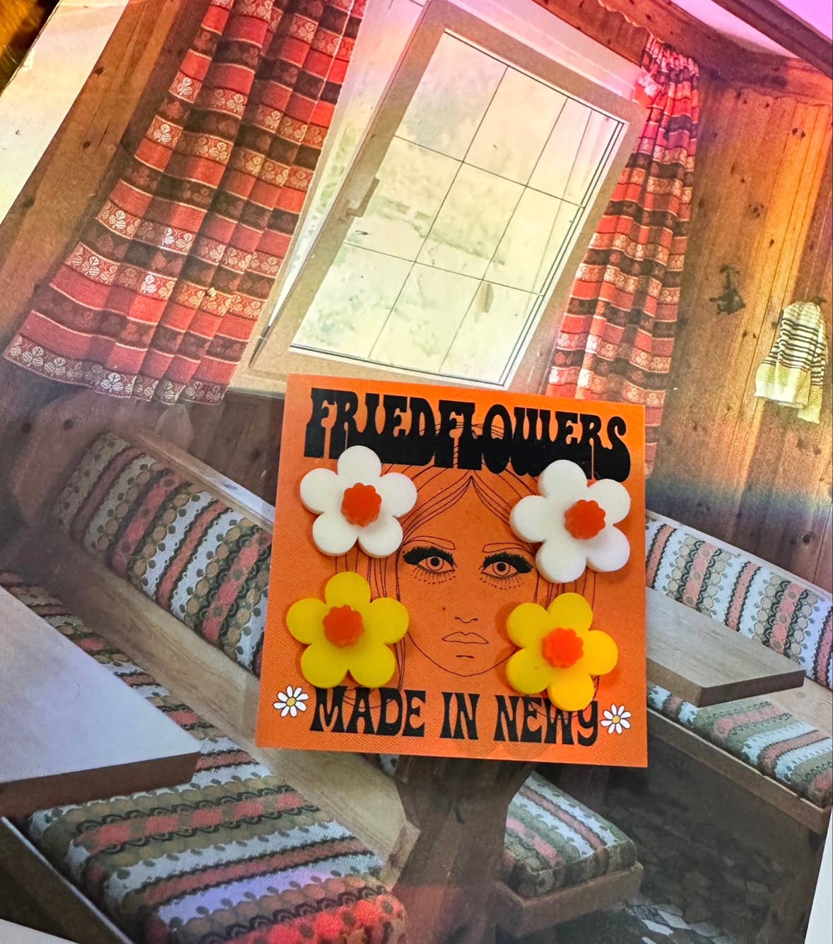 friedflowers - Wholesale Stud/post earrings - Groovy Orange sunshine 2 pair Flower Stud earrings1