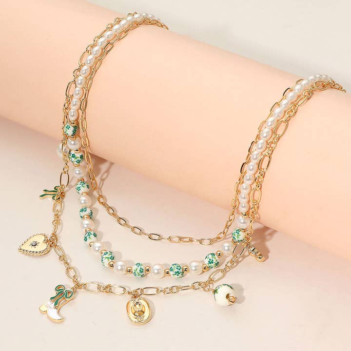 Sensibling Corp. - Wholesale Pendant/Charm Necklace - Western Cowboy Boot Hat Bow Cherry Heart Charm Station Pearl Floral Ceramic Ball Beaded Layered Necklace3