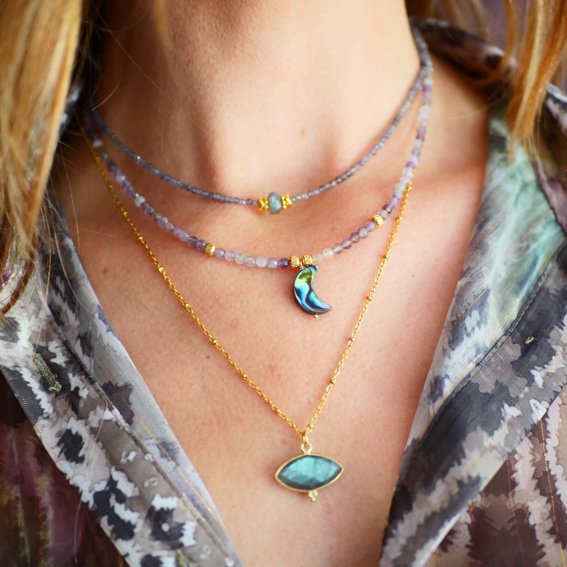 GINANDGER - Wholesale Beaded/Pearl Necklace - NECKLACE SHYAMAA ABALONE MOON (SPINEL OR AMETHYST)1