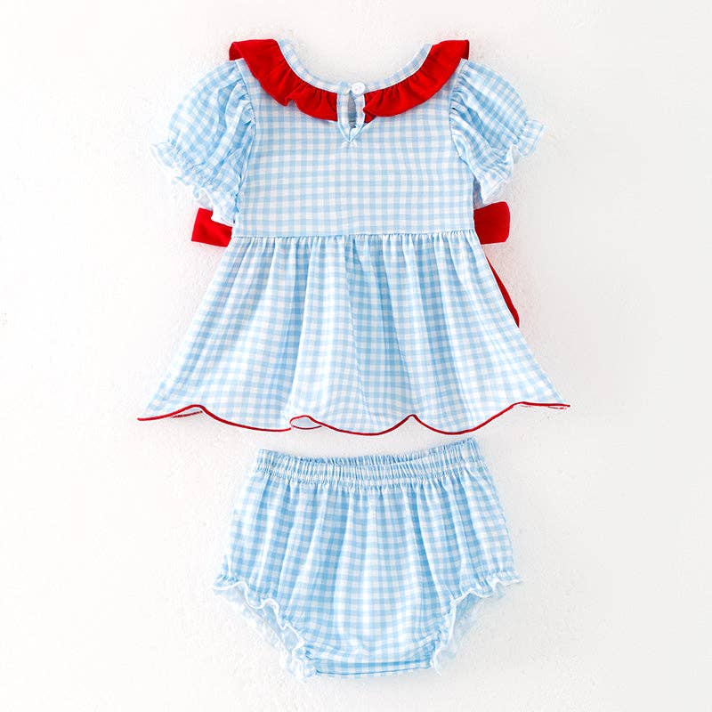 Auraquise - Wholesale Clothing Set - Baby - Baby Girls July 4th Flag Smocked Blue Plaid Romper Set4