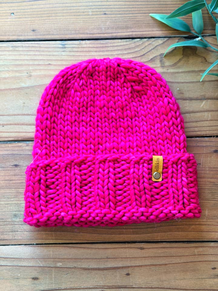 Alpine Trail Beanie in Fucsia for wholesale by Ellikin Knits