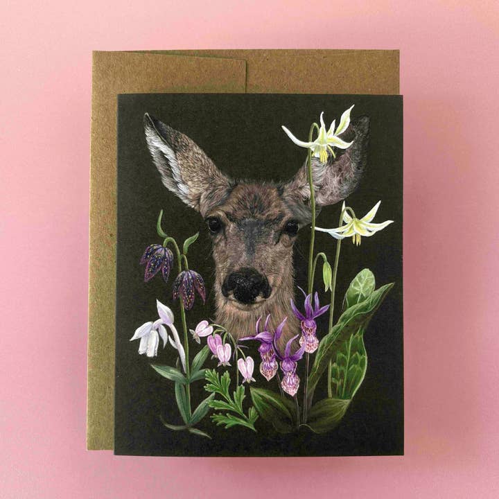 Carte de vœux en forme de cerf et de fleurs sauvages pour la vente par Bekah Zeimetz Art