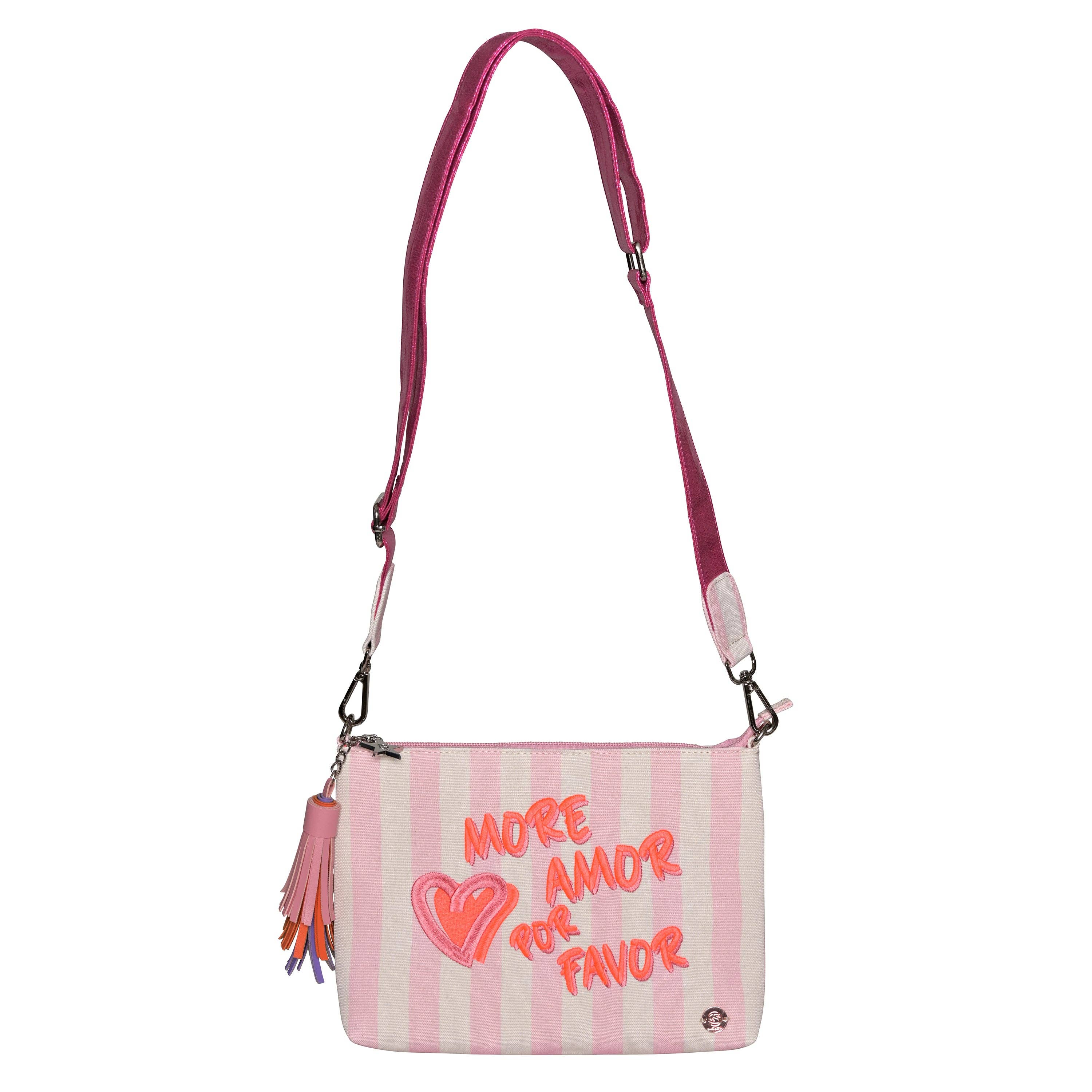 cute stuff GmbH – bolsa de maquilhagem e cosméticos por atacado – Bolsa de maquiagem listrada com estampa 'More Amore Per Favor' e pingente pompom0