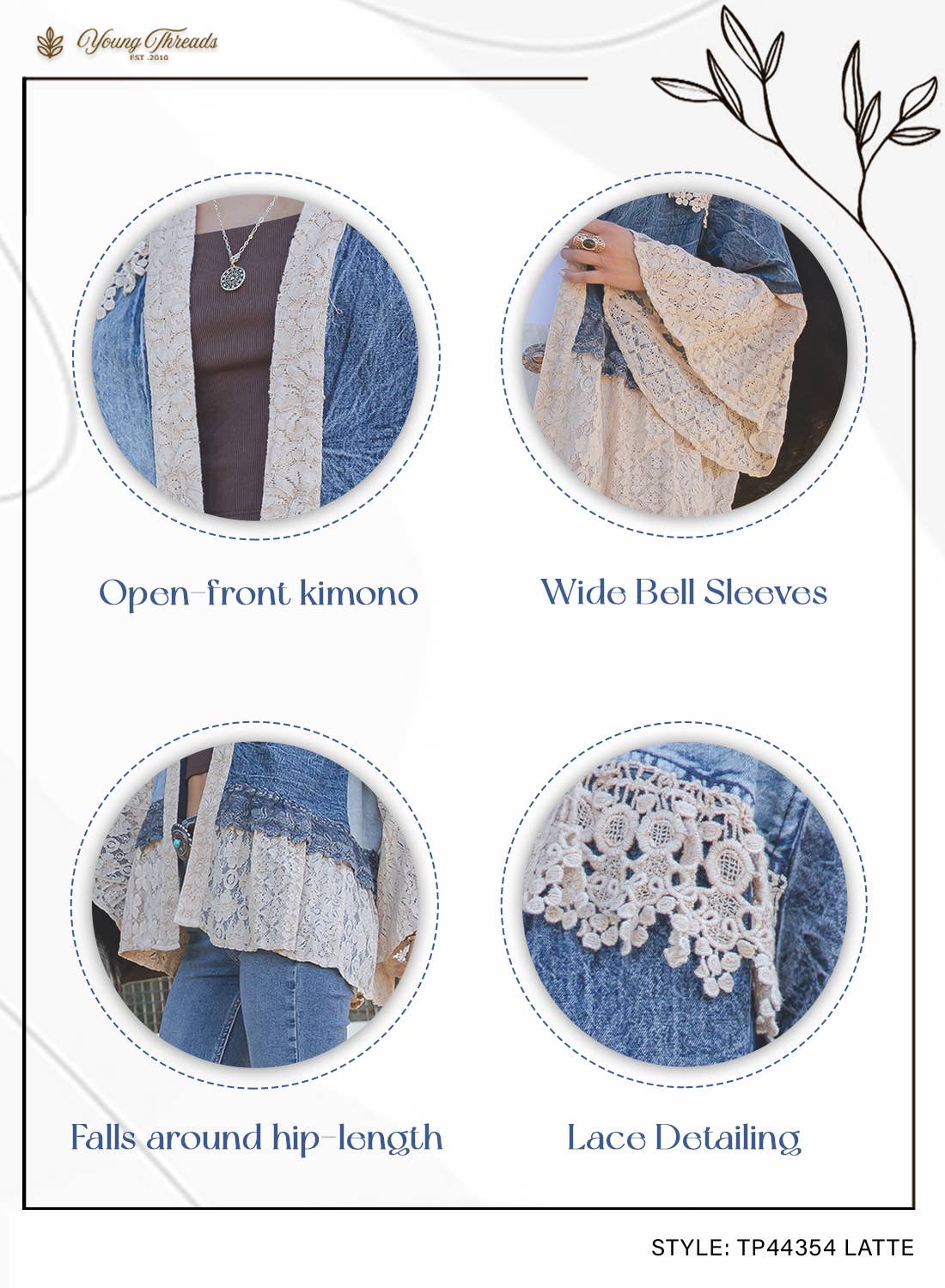 Young Threads - Wholesale Kimono - Women's - Western Boho Lace & Denim Patchwork Kimono Top NEW18
