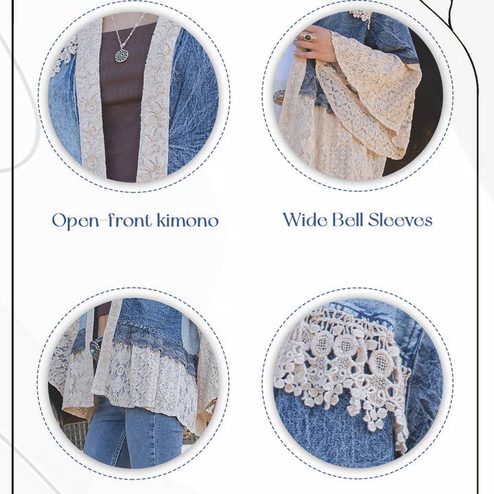 Young Threads - Wholesale Kimono - Women's - Western Boho Lace & Denim Patchwork Kimono Top NEW18