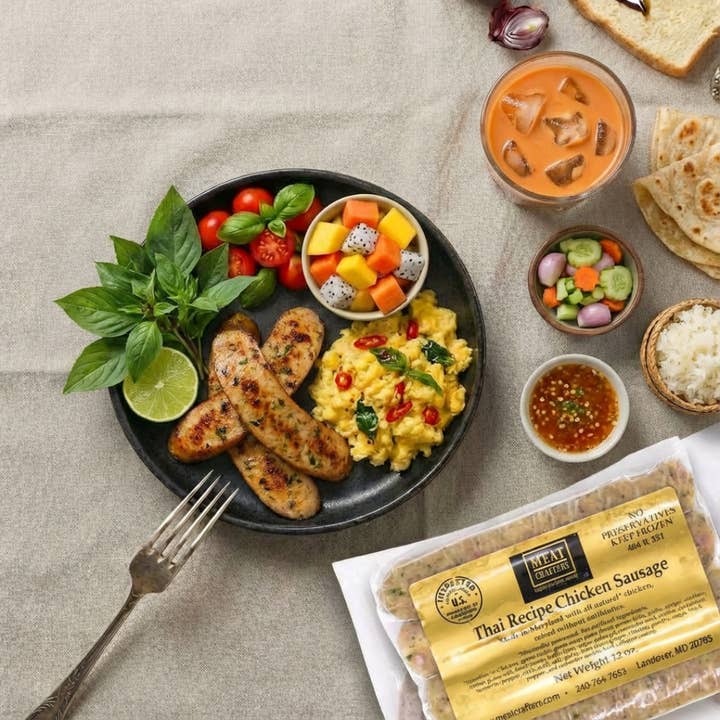 Classic Thai Chicken Sausage Links: Green Curry & Lime for wholesale by MeatCrafters Inc.