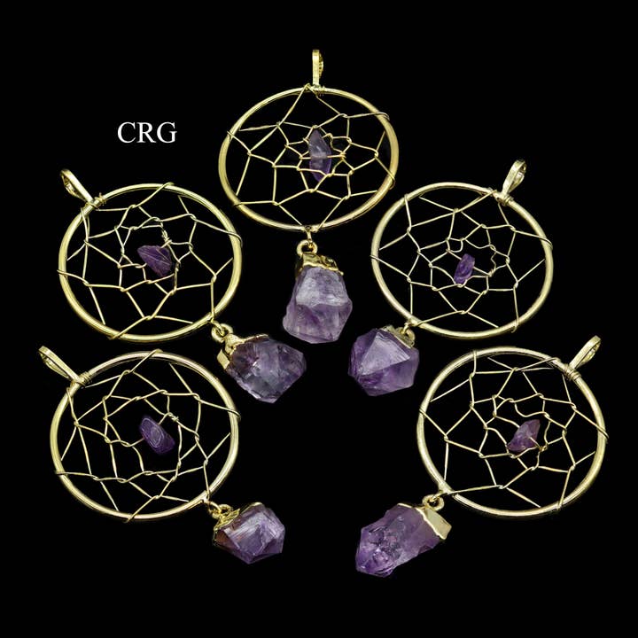 SET OF 4 - Gold Plated Dream Catcher Pendant with Amethyst Point / 1-2" AVG for wholesale by Crystal River Gems LLC