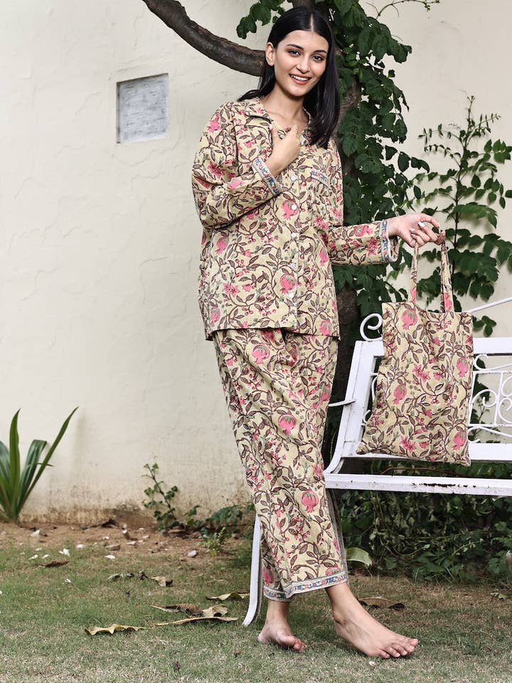 Women's Block Printed Pajamas- 3 Piece Set for wholesale by The Fox and The Mermaid