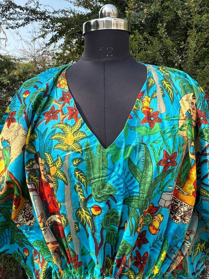 bhavnas boutique - Wholesale Kaftan - Women's - Sky Blue Cotton Kaftan Frida Kahlo Printed Sleepwear Kaftan1
