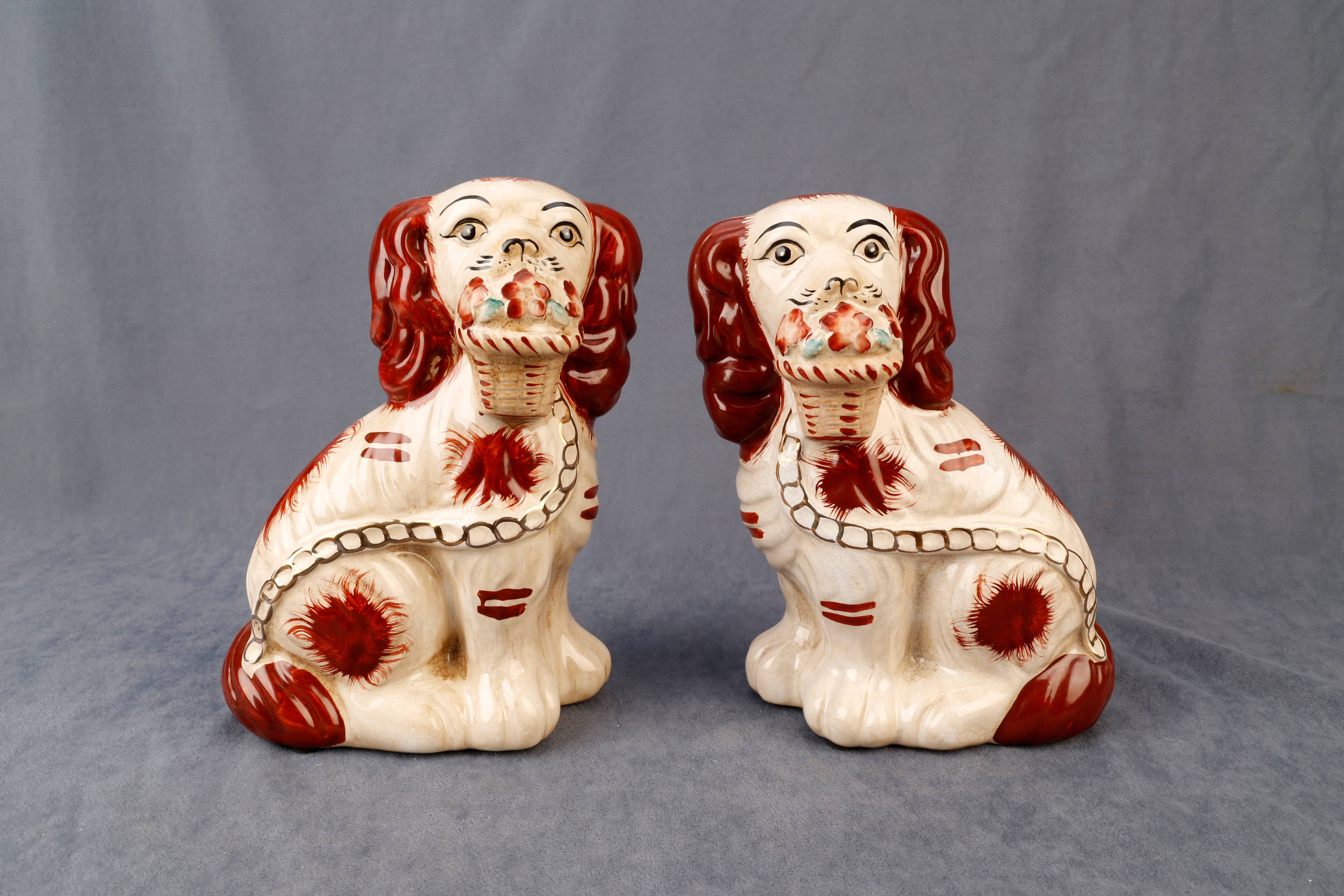 AA Importing - Wholesale Decorative Figurine - Staffordshire Dog Pair with Flower Baskets, Brown Finish2