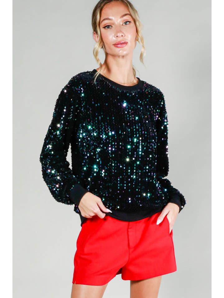 BLACK MULTI Allover Sequin Crewneck Velvet Sweatshirt Top VT81449 for wholesale on Faire