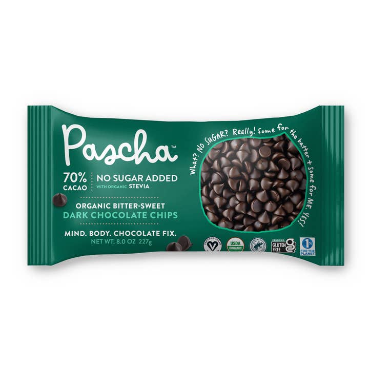 70% Cacao Organic Vegan Dark Chocolate Chips with Stevia for wholesale by Pascha Chocolate Company