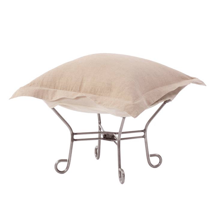 Scroll Puff Ottoman Linen Slub Natural Titanium Frame for wholesale by Howard Elliott on Faire
