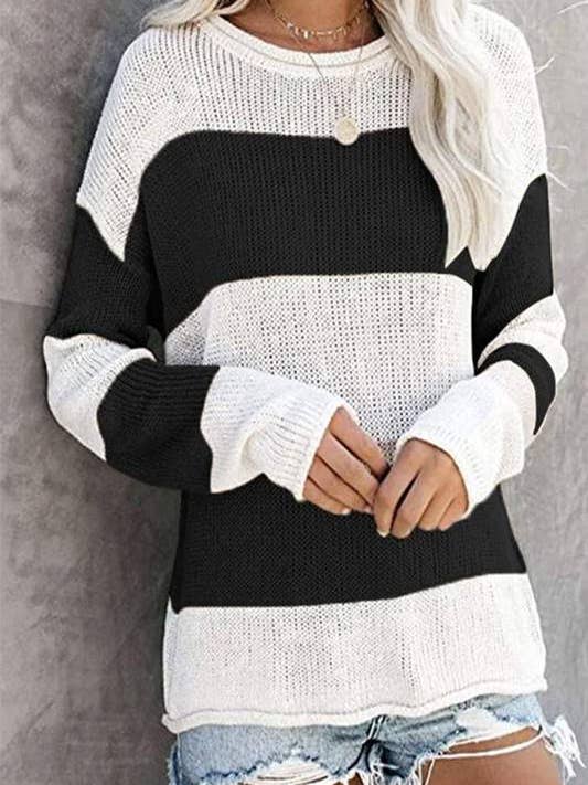 Fashion Combination - Wholesale Knit Sweater - Women's - stripe long sleeve casual knit top