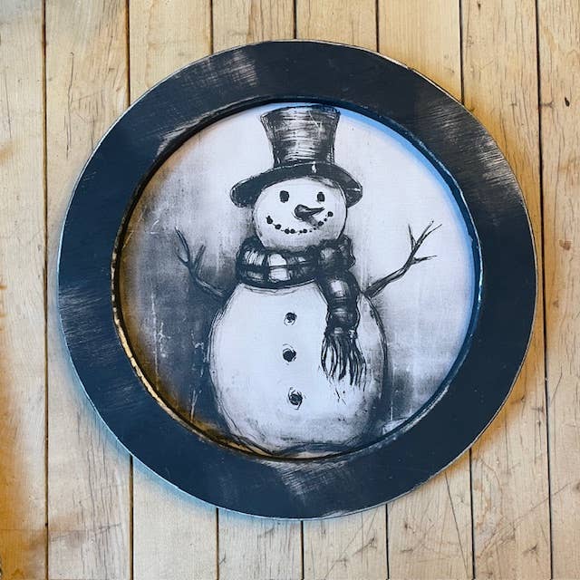 LAND OF COTTON – wholesale Christmas Wall Art – Round Snowman Black and White Framed Canvas  1