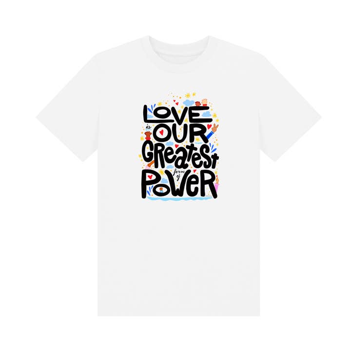 Love is Our Greatest Power Organic Eco T-Shirt (Kids - Black Text - Assorted Light Colors) for wholesale by UpRoot Design Studio