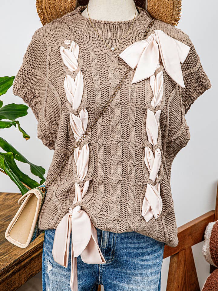 Pull à manches courtes en tricot torsadé avec nœud en satin Fashion-W pour la vente par fashionworks