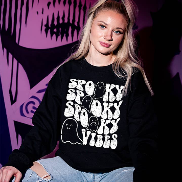 Distressed Retro Spooky Vibes Gildan Heavy Blend Sweatshirt for wholesale by Love That For You